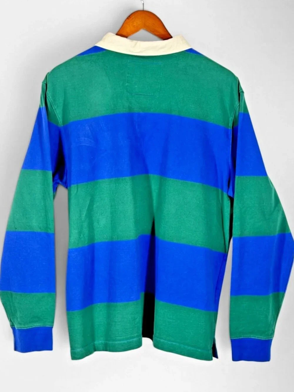 The North Face Rugby Shirt Mens L Blue Green Stripe Long Sleeve Logo Cotton
